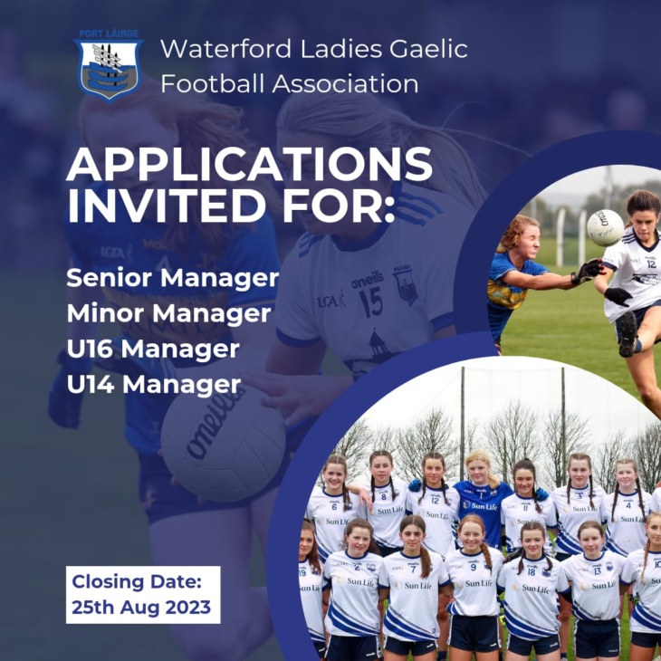 Advert for team managers for the Waterford County Senior, Minor, U16, and U14 teams.